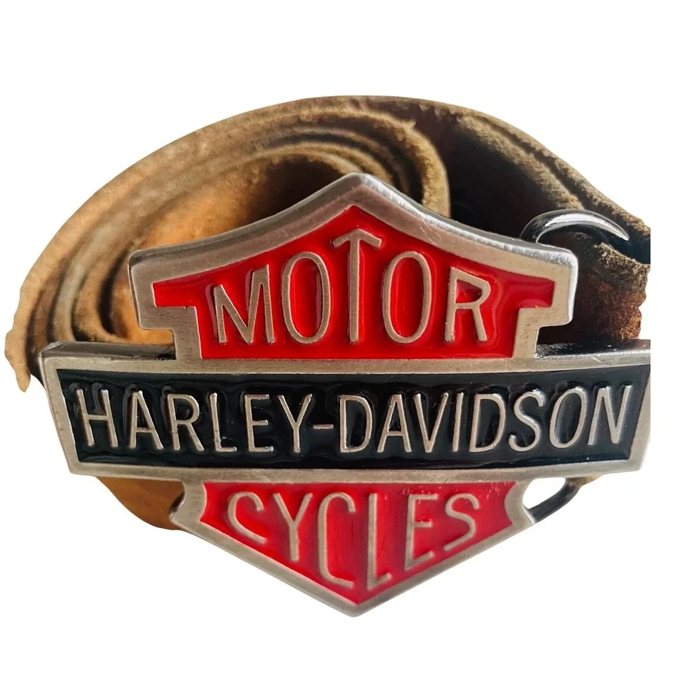 VTG Harley Davidson Style Bar & Shield Belt Buckle with Distressed Leather Belt